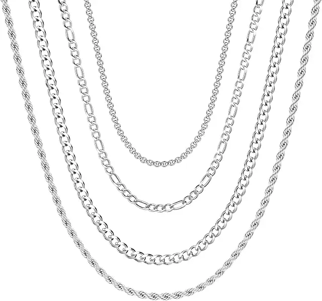 Ensemble de 4 colliers en acier inoxydable argent pour hommes et femmes, 46cm
