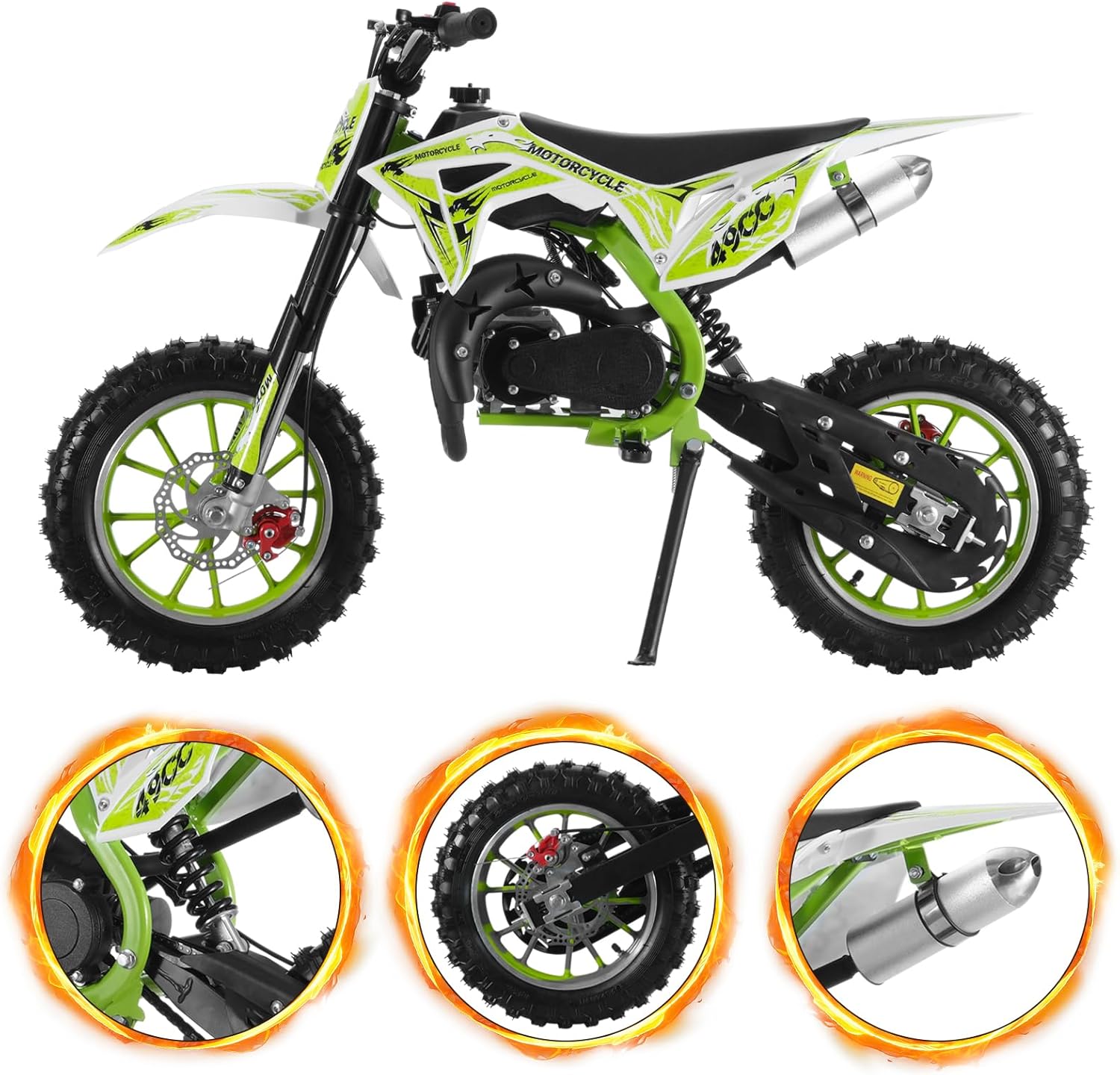 50cc 2-Stroke Kids Dirt Bike, Dirt Bikes for Kids, Dirt Bikes, Gas Power Motocross, Off Road Mini Motorcycle, Children Pocket, Gas Bike Load 330Lbs (Improved Version) Green