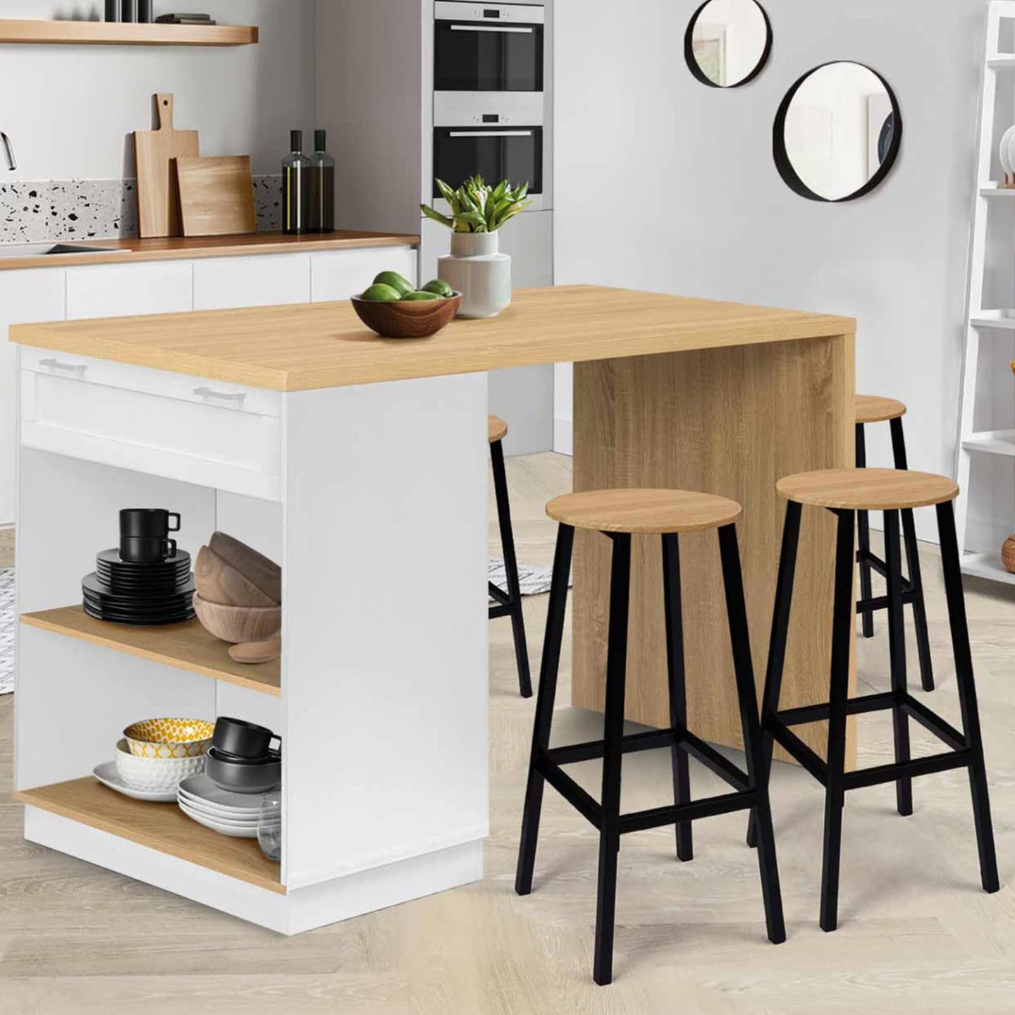 IDMarket - Ilot Central Mange Debout 4 Personnes VITO 130 cm Blanc et Plateau Bois