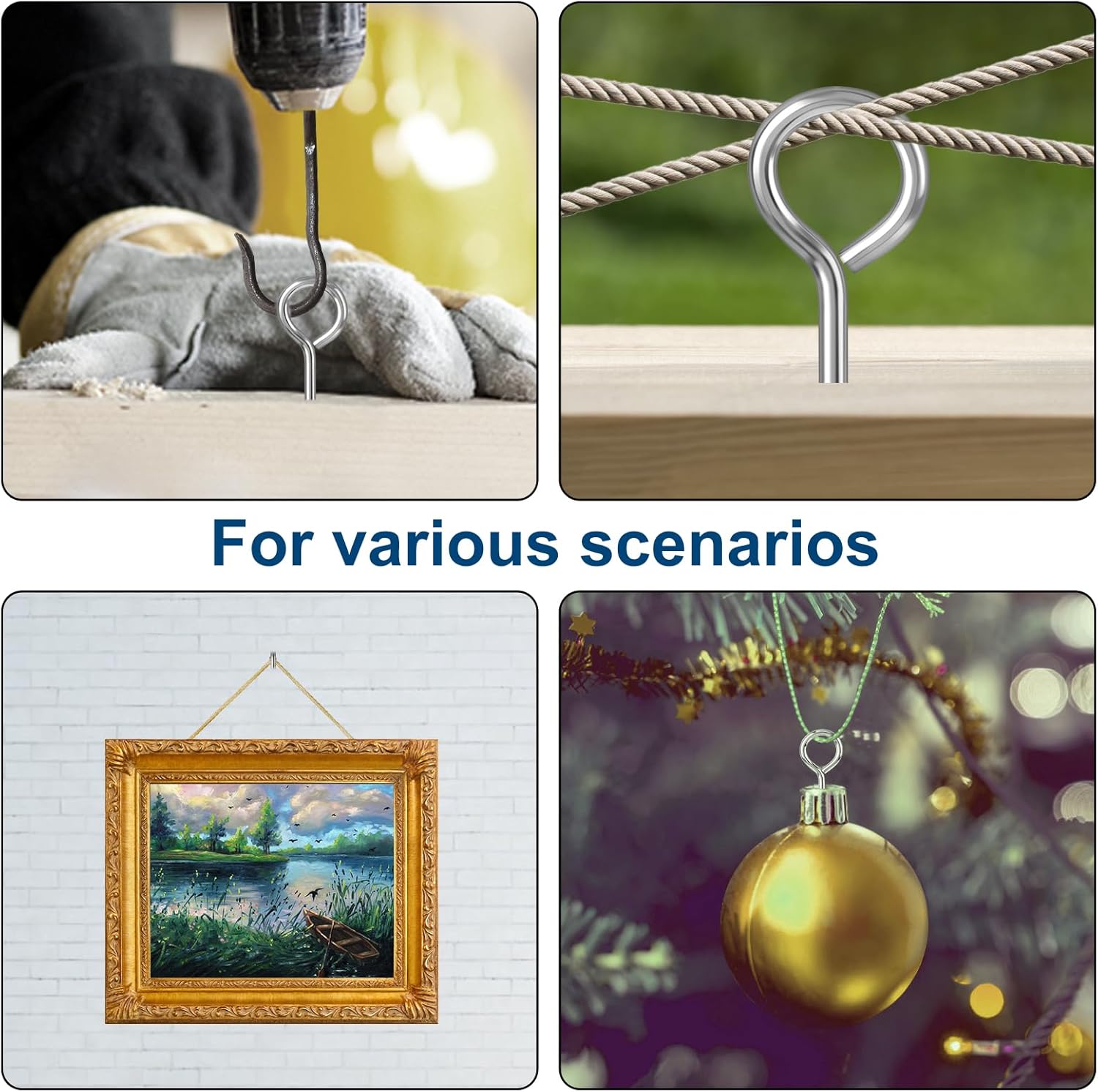 105PCS Screw Eye Hooks, Eyeglass Hooks, Metal Small Eye Screws, 5 Different Sizes Mini Screw Eye for Hanging Wind Chimes, Light Strings,Photos, Bird feeders, Holiday Ornaments, DIY Tools