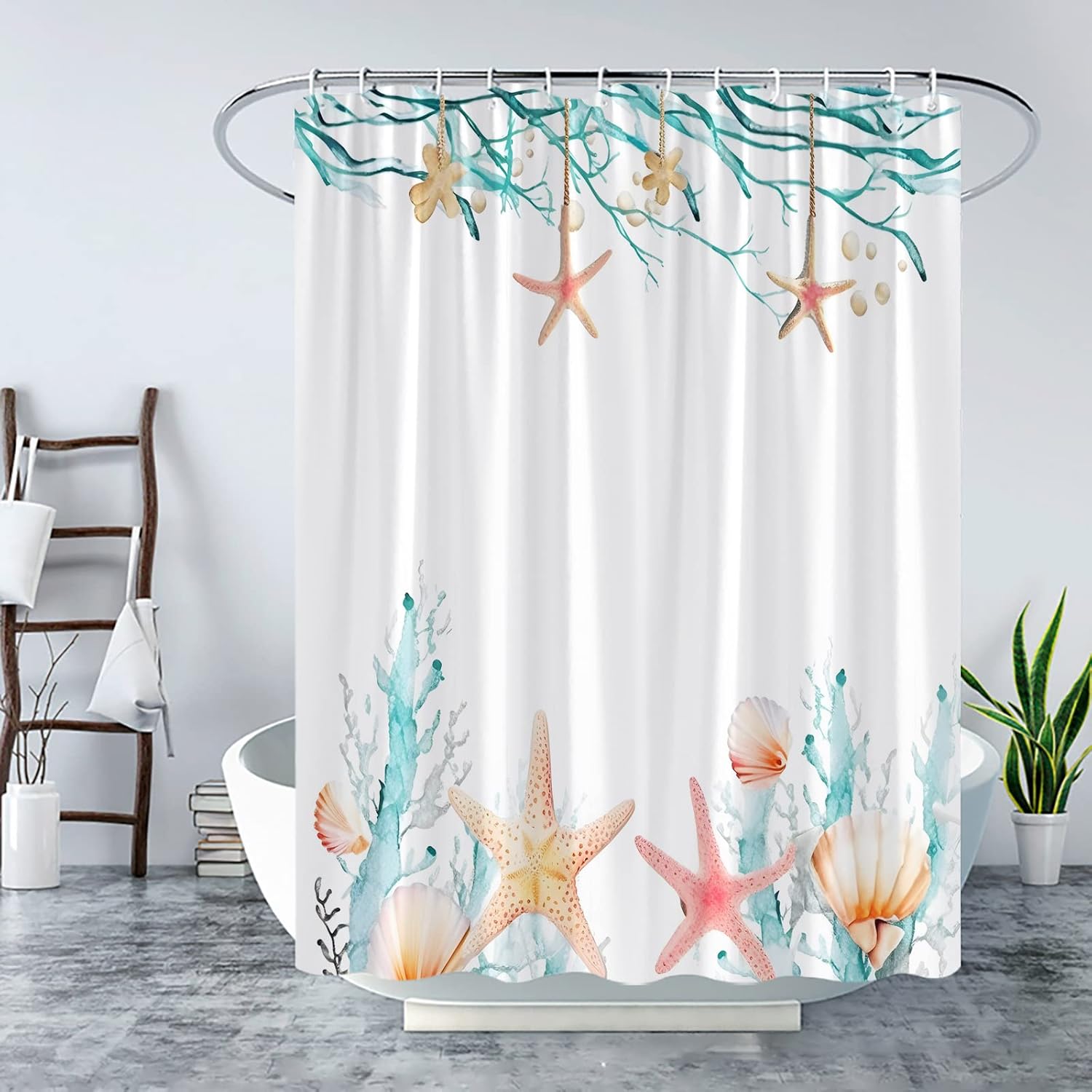 Starfish Seaweed Clawfoot Tub Shower Curtain 180x70 Inch Bathtub Wrap Around Extra Wide Ocean Beach Coastal Nautical Watercolor Seashell Conch Coral Marine Tropical Bathroom Curtain with 32pc Hook