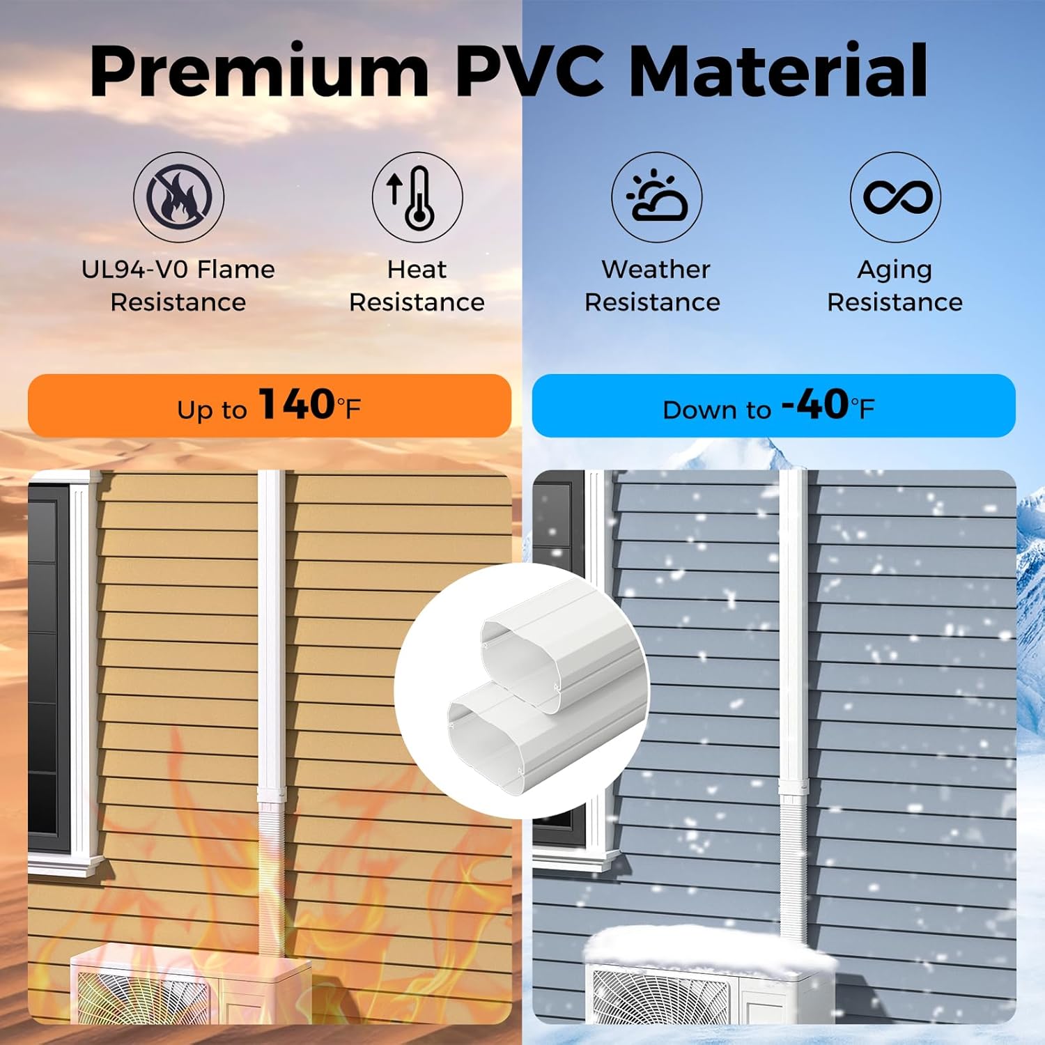 Image illustrating the premium PVC material features of the DORTALA line set cover, highlighting UL94-V0 Flame Resistance, Heat Resistance up to 140°F, Weather Resistance, and Aging Resistance down to -40°F.