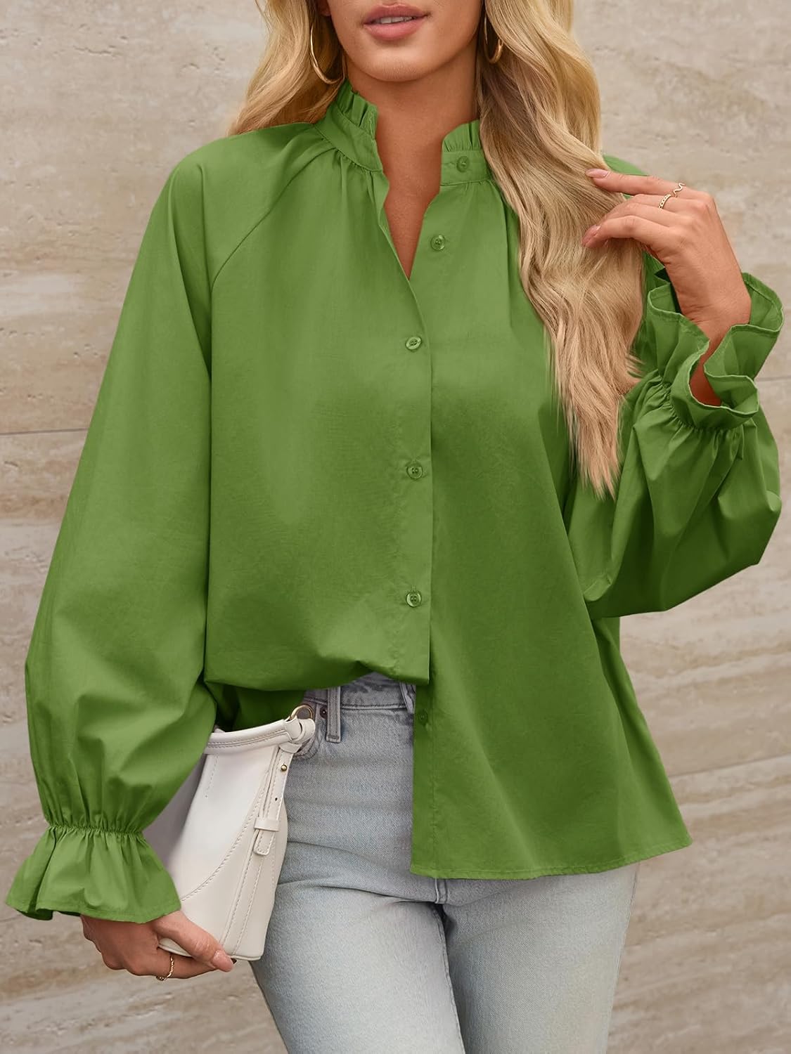 Tankaneo Womens Puff Long Sleeve Button Down Shirts Pleated V Neck Cotton Blouses Loose Fit Casual Ruffle Tops - Image 6