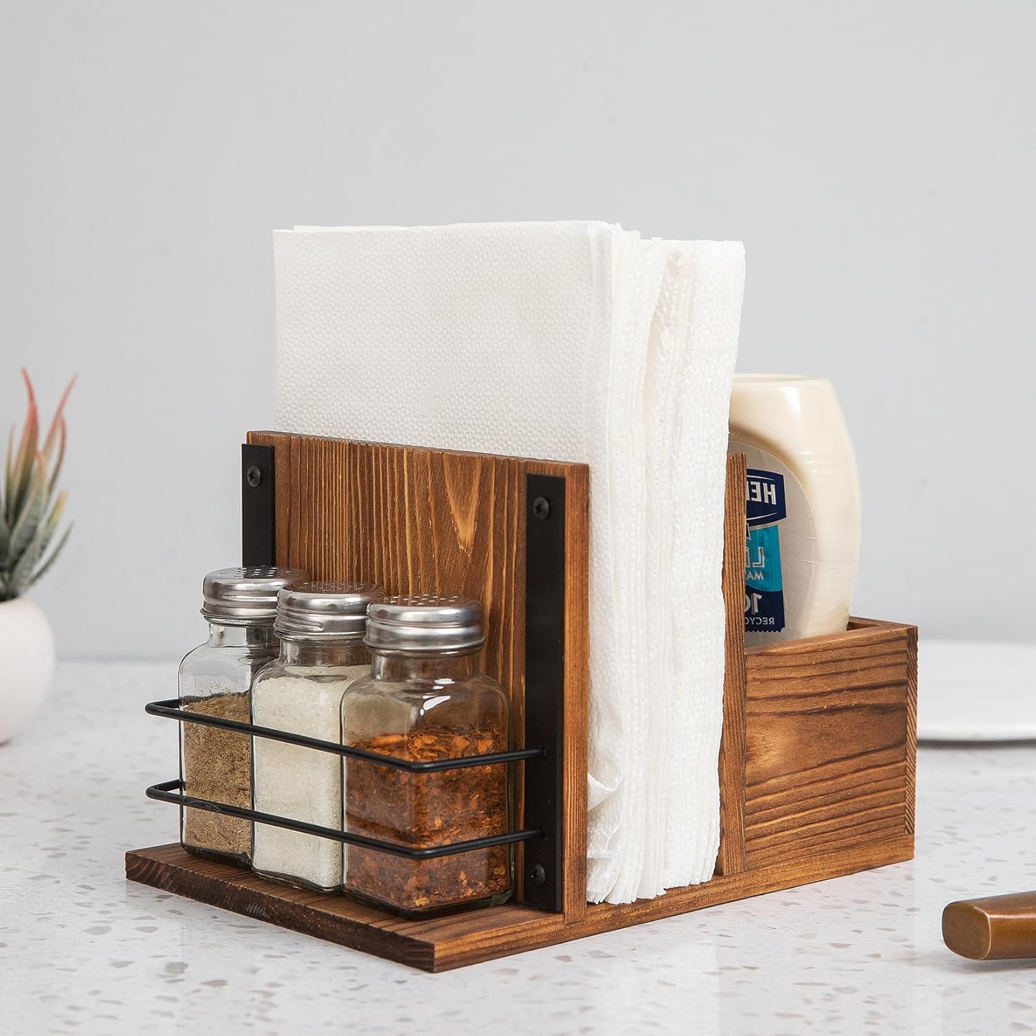 Rustic Burnt Wooden Kitchenware Organizer Napkin Utensil Spice Holders Table Seasoning Shakers Chalkboard Label Countertop Salt Pepper Caddy Wood Kitchen Dining Room Restaurant Café Home