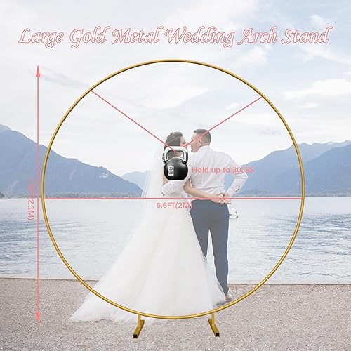 Miniatura 5 de Soporte de fondo redondo de 6.6 pies, marco de arco de globo dorado de metal, marco de telón de fondo de arco de flores de jardín, anillo de boda,