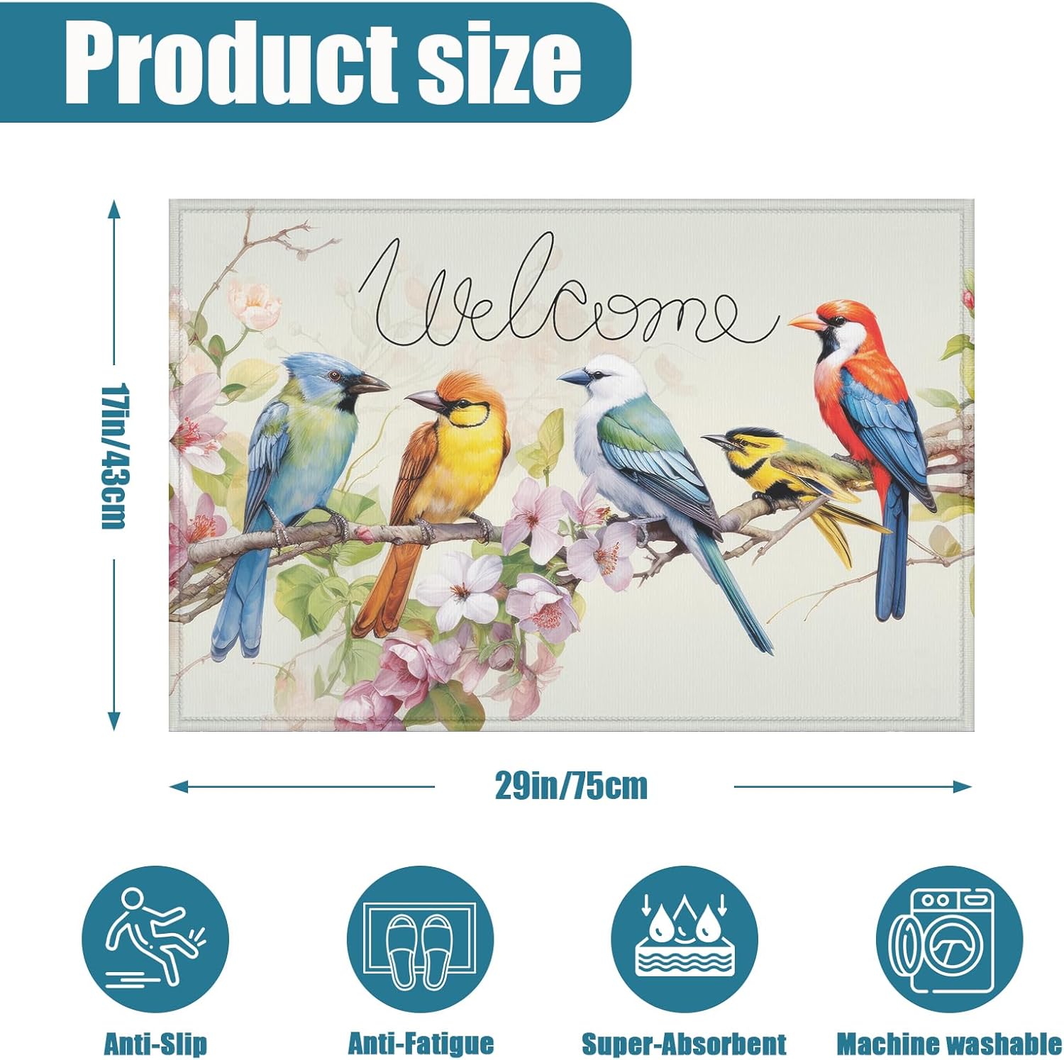 Colorful Bird Welcome Indoor Door Mat, Cherry Blossom Outdoor Entrance Doormat for Entryway Kitchen Bathroom 17 X 29 Inch