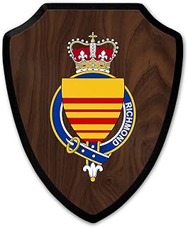 HARD EDGE DESIGN Family Coat of Arms Heritage Shield Plaque, English Garter Family Richmond with Dark Wood Background