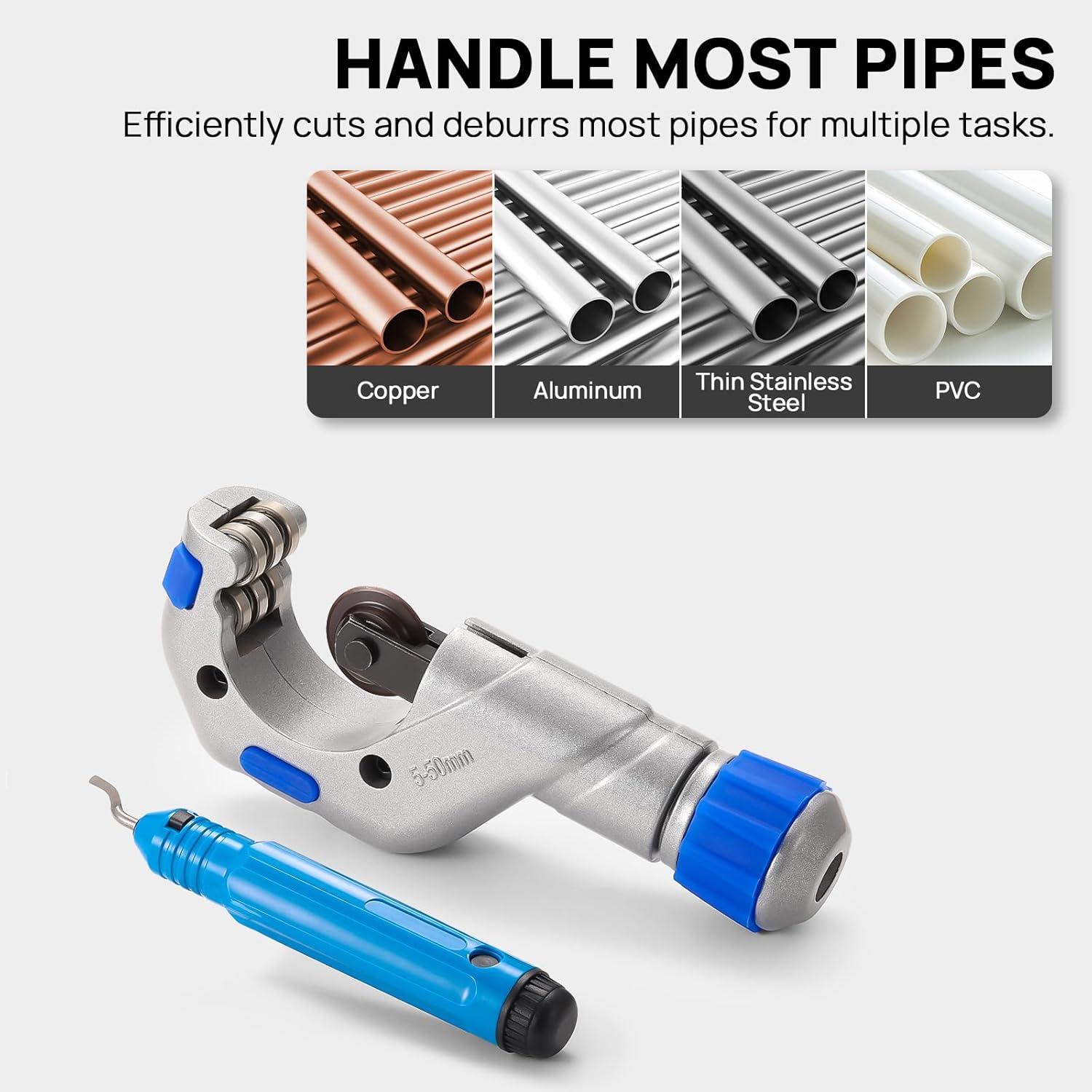 TURBRO Tube Cutter Tool for 1/4 to 1-3/4 in (5 to 50 mm) Pipes, Heavy-Duty Large Pipe Cutter with a Deburring Reamer, Fits Copper, Aluminum, Brass, and Thin Stainless Steel Pipes, CT-650C