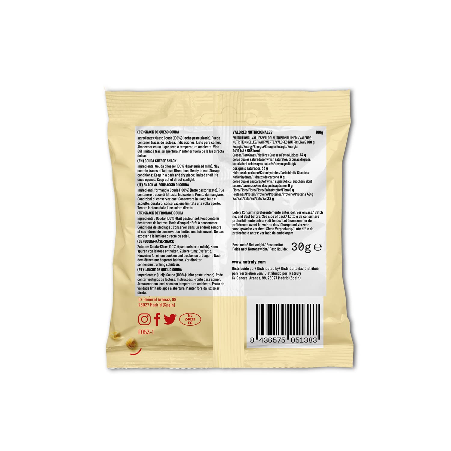 Natruly Cheesy Snacks - Bolitas de Queso Crujiente 0% Carbs, Sin Gluten, 100% Queso -Pack 17x20 g