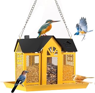 GOYOXOKY Comederos para pájaros para exteriores, gran capacidad, a prueba de ardillas, casas colgantes de metal con perca y techo para jardines, patios, cubiertas y césped, color amarillo