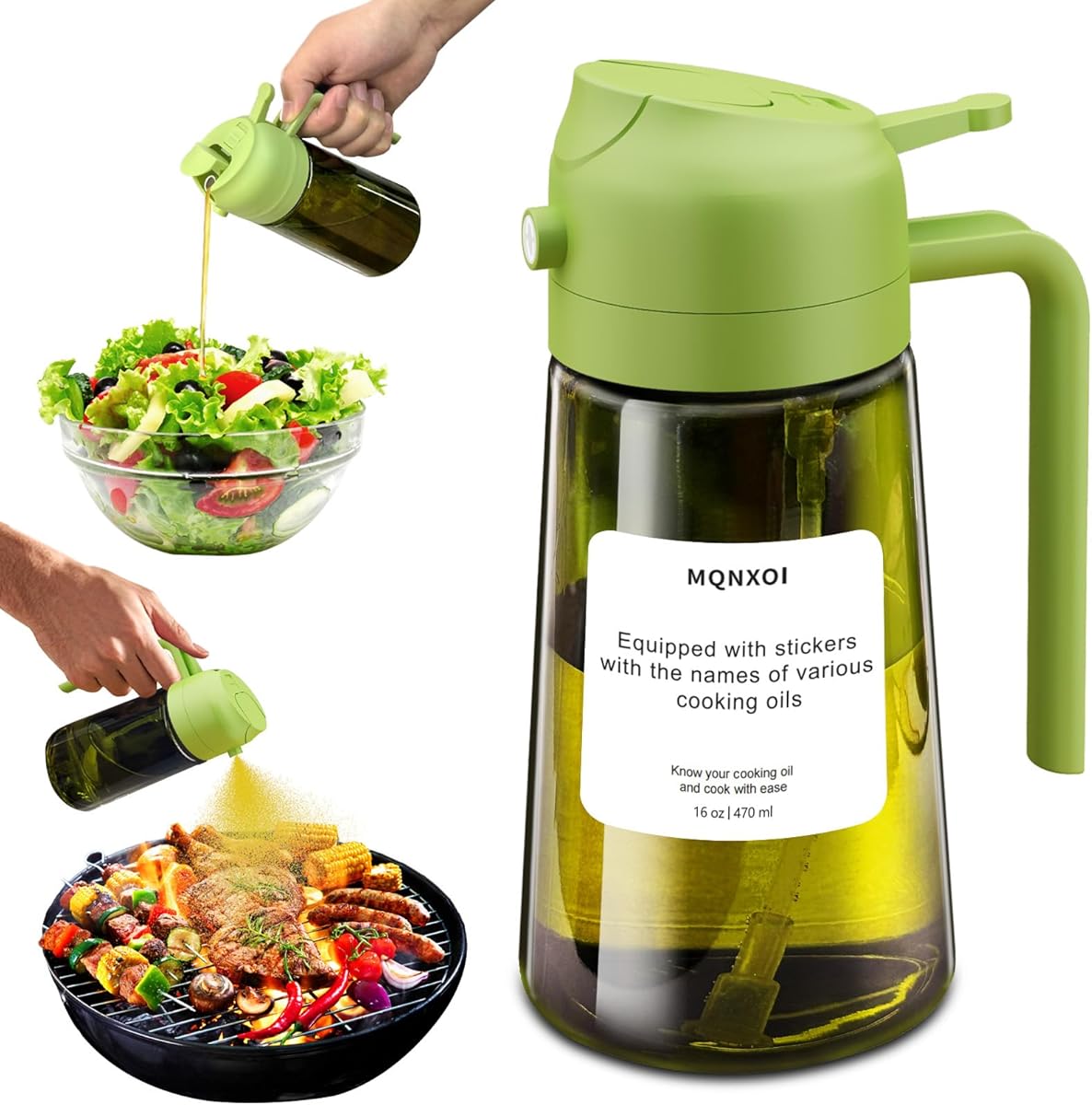 Oil Sprayer for Cooking, 2 in 1 Olive Oil Dispenser Bottle for Kitchen, 16oz/470ml Premium Glass, Food-grade Oil Mister for Air Fryer, Salad, Frying, BBQ (Green + Dark Green Bottle)