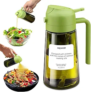 Oil Sprayer for Cooking, 2 in 1 Olive Oil Dispenser Bottle for Kitchen, 16oz/470ml Premium Glass, Food-grade Oil Mister for Air Fryer, Salad, Frying, BBQ (Green + Dark Green Bottle)