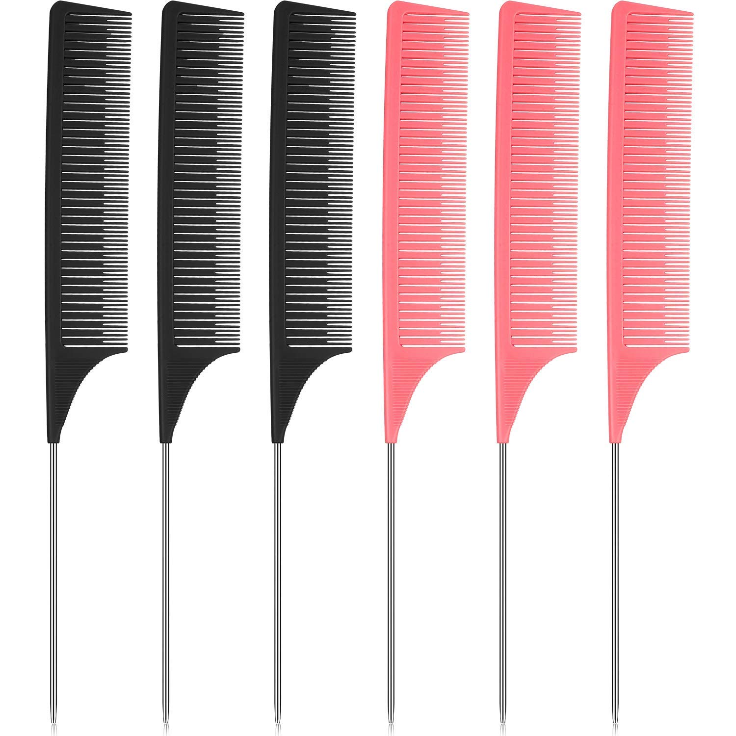 6 Pieces Rat Tail Hair Comb Pintail Comb Fine Teeth Hair Styling Comb Carbon Fiber Teasing Comb Parting Comb with Stainless Steel Handle for Women Girls Salon Home (Black, Pink)