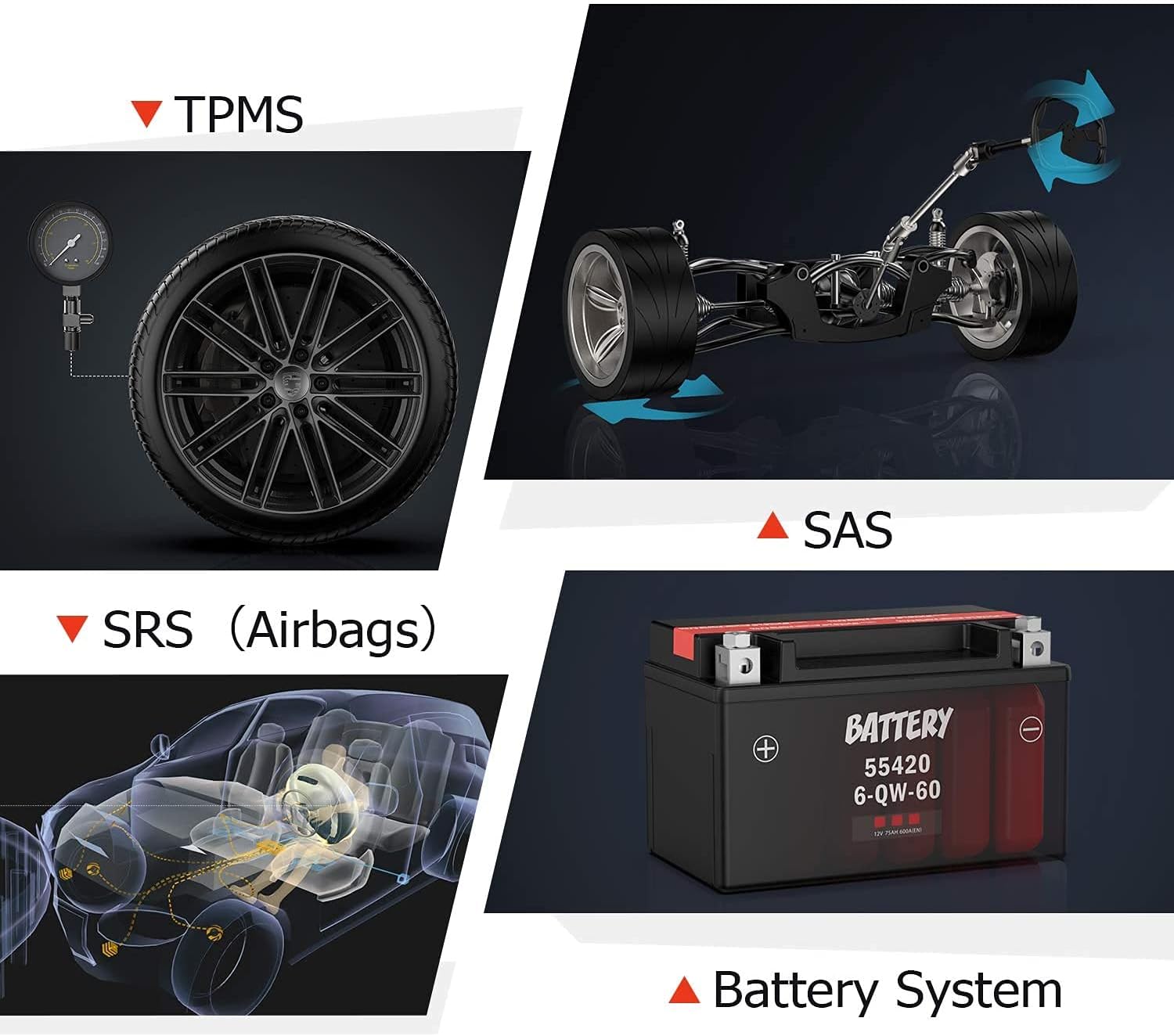 Images depicting Engine System Diagnostic, Transmission System Diagnostic, Instrument Cluster, and ABS Diagnostic