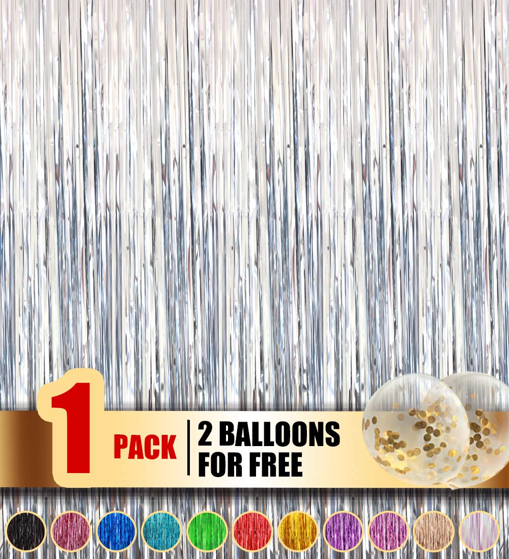 happy time Tinsel Foil Fringe Curtains - 3.2 ft x 9.8ft Metallic foil Fringe Backdrop for Birthday Wedding Party Christmas Photo Backdrop Decorations 3500+ Instagram Like(Silver,1 Pack)
