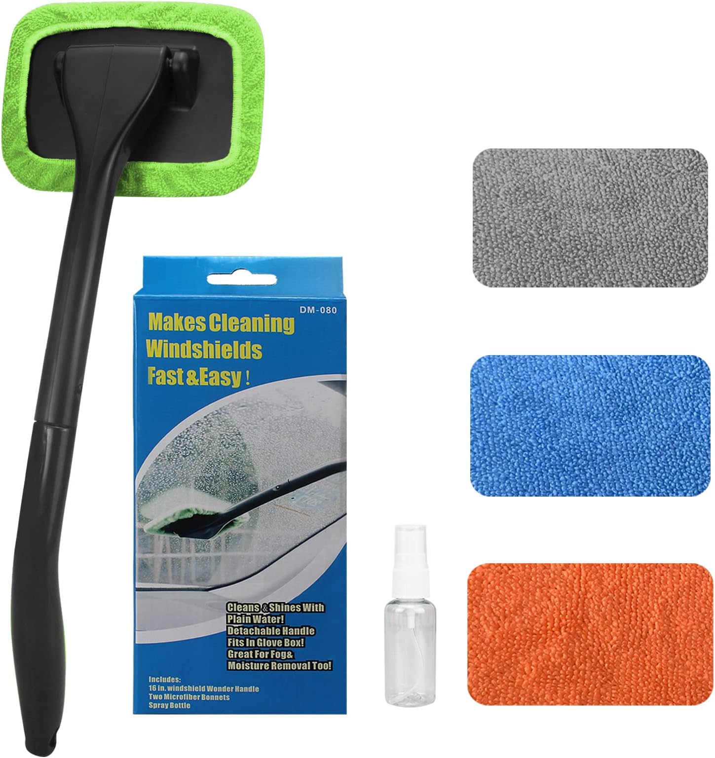 Car Windshield Cleaning Tool, Windshield Cleaner with 4 Washable and Reusable Microfiber Pads and Extendable Handle, for Auto Glass Wiper