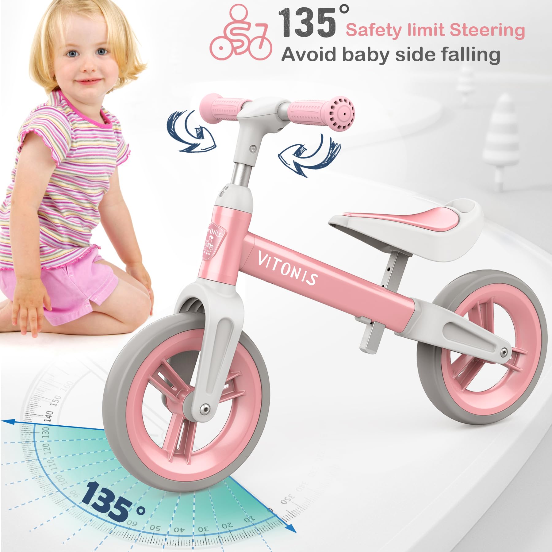 VITONIS Laufrad ab 1.5-4 Jahre bis zu 25 kg, Lenkrad und Sattel höhenverstellbar, Lenkradschloss, Ultraleicht Kinderlaufrad Balance Fahrrad für Jungen Mädchen