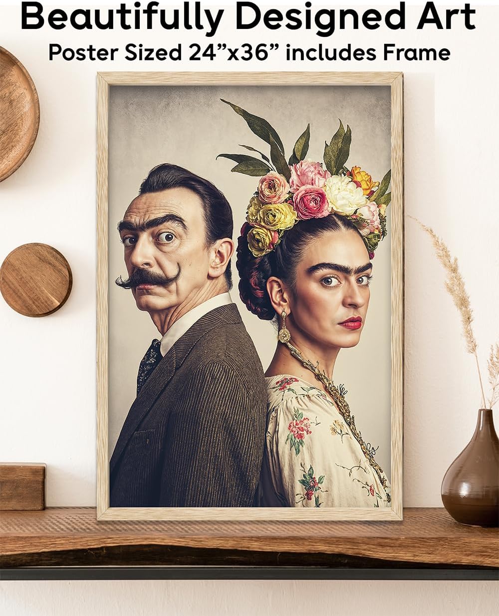 Lone Star Art Frida and Salvador – Frida Inspired Artist Portrait, Surreal Cultural Illustration, Feminine Expression, Vintage Style Wall Decor – 24x36 Framed Poster, Ready to Hang