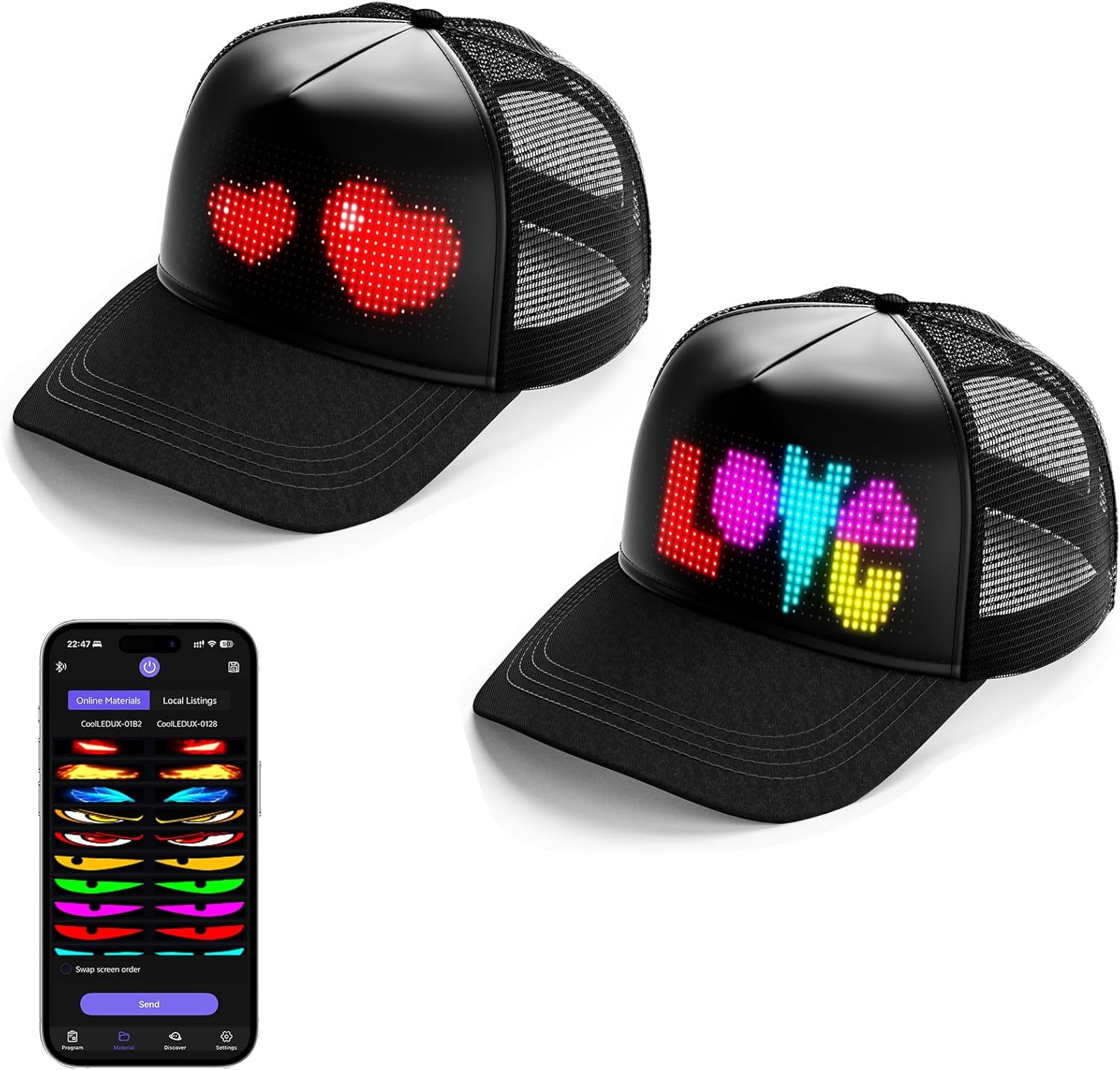 LED Eyes Hats, Bright LED Display Full-Color Screen Smart Caps Programmable Led Hat Bluetooth APP Control