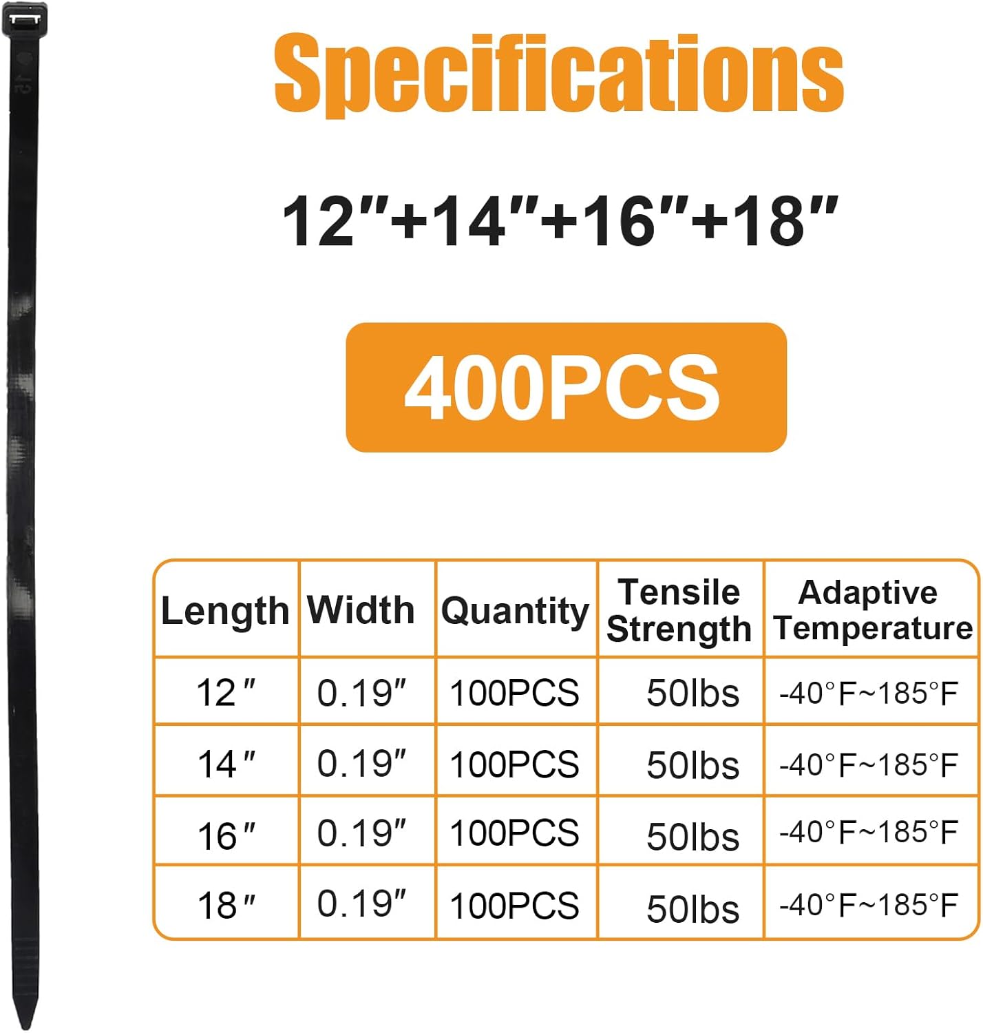 12''+14''+16''+18'' Zip Ties Assorted Sizes, 400 Pack 50 LBS Black Cable Ties - Heavy Duty Nylon Wire Ties, Self-Locking, UV Resistant for Indoor/Outdoor Use