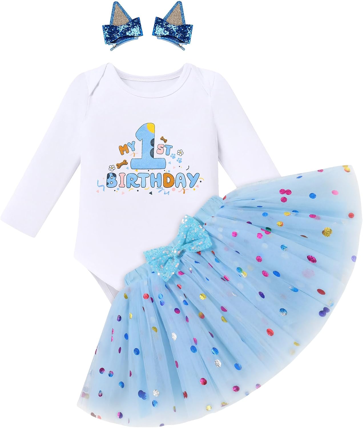 IMEKIS Baby Girl 1st 2nd Birthday Outfit Romper Winter Long Sleeve Tutu Dog Ears Hair Clips Set Cake Smash Photo Shoot