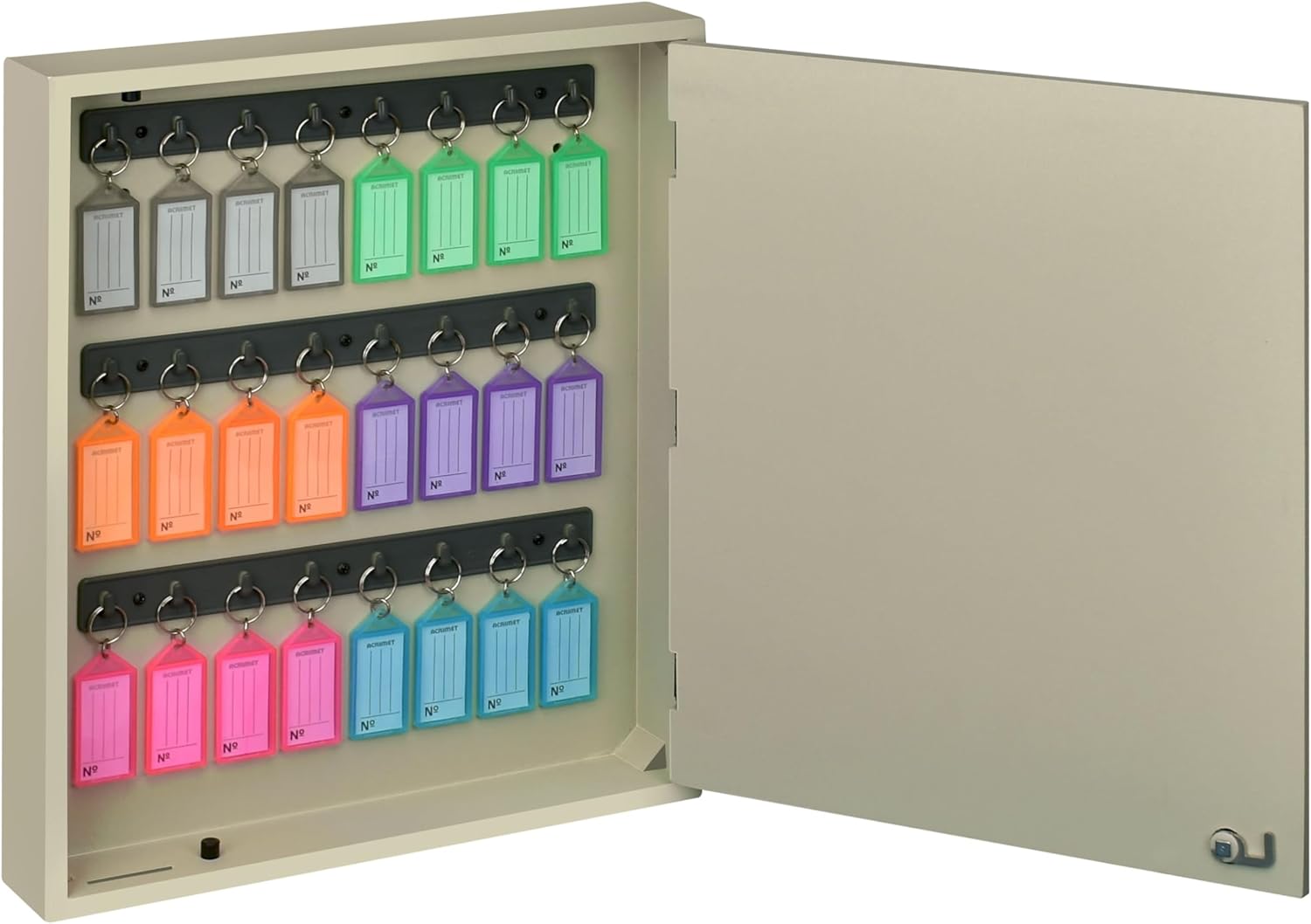 Acrimet 24-Key Cabinet with Lock, Wall Mount Wooden Key Organizer, Security Key Storage Box (24 Positions) with Numbered Hooks & Assorted Key Tags – Commercial & Home Use (Beige)