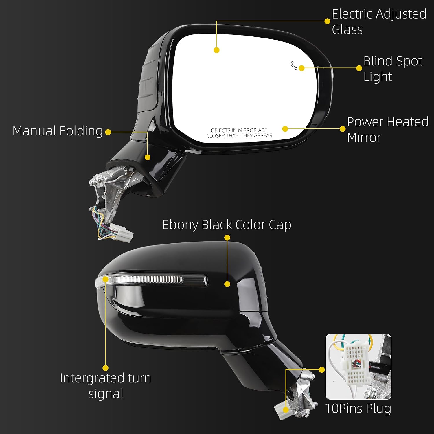 Dasbecan Passenger Side Mirror Compatible With 2020-2026 Kia Telluride Power Heated Glass| Blind Spot| Turn Signal| Electric Folding| Right Door Mirror Replace# 87620-S9020 Ebony Black(10Pins)