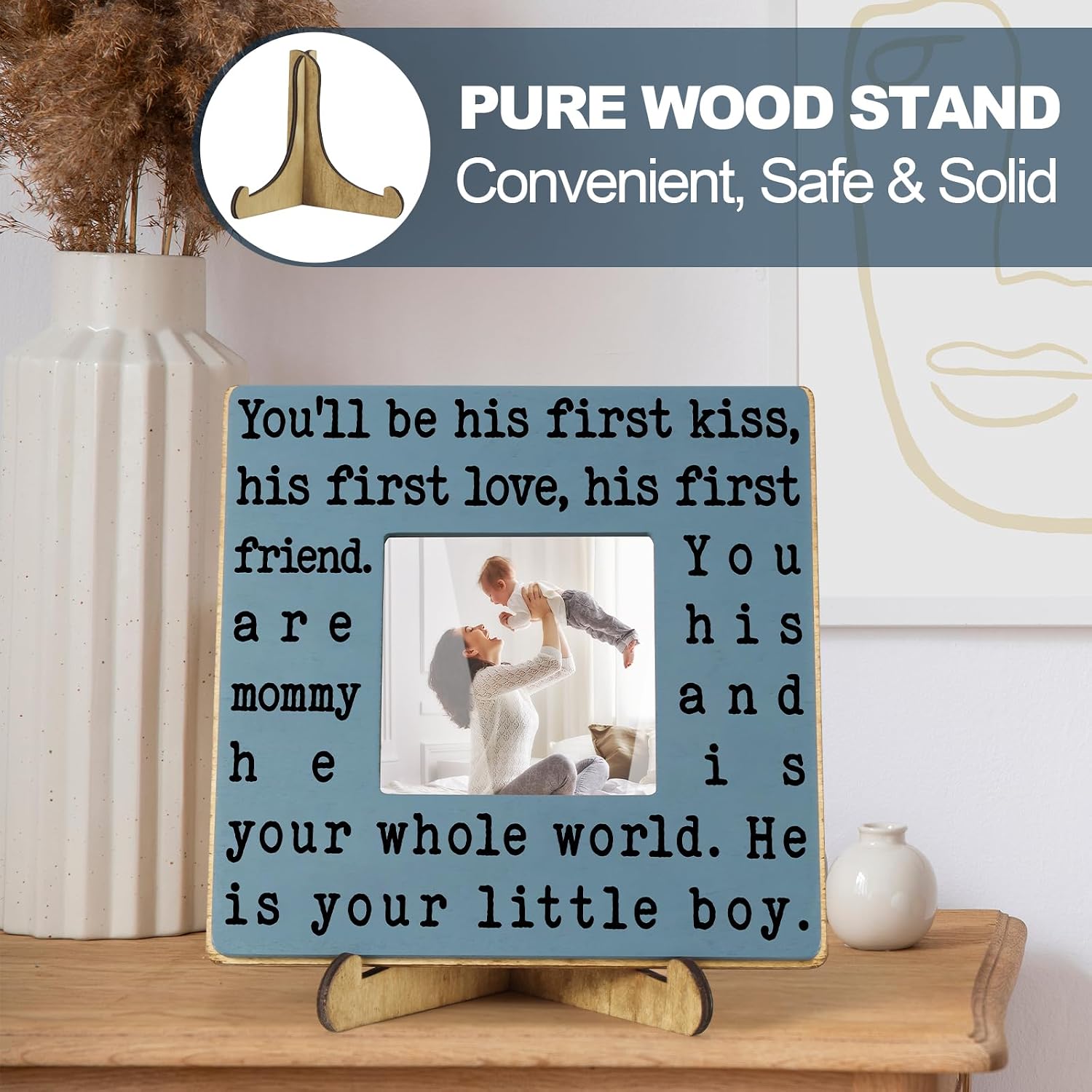 THYGIFTREE New Mom Gifts for Women, Mothers Day Gifts from Son | Boy Mom Picture Frame, Sentimental Birthday Gift for Mom | Fits 4x4 Photo, Rustic Farmhouse Home & Desk Decor