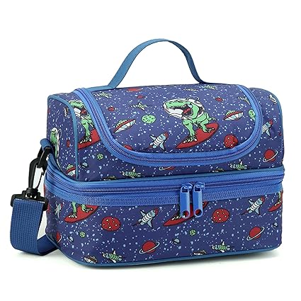 Kasqo Lunch Box Bag for Boys, Insulated Cooler Bag Kids Lunch Tote with Dual Compartments, Blue Dinosaur