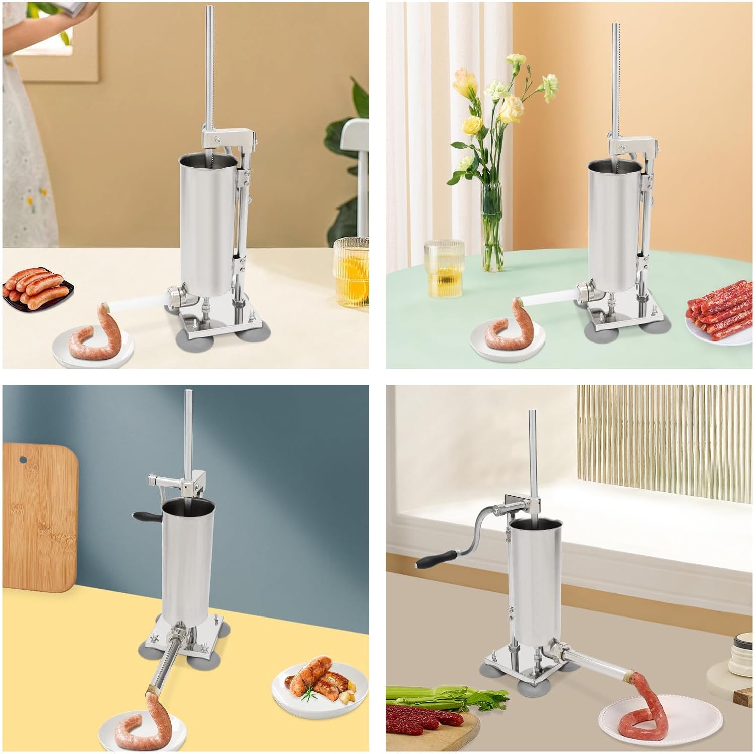 Manual Sausage Stuffer with 4 Stainless Steel Tubes and 4 Plastic Tubes, 3.5L/8lbs Capacity Countertop Vertical Sausage Maker, Commercial/Home Hand-crank Suction Cup Type Stainless Steel Salami Filler