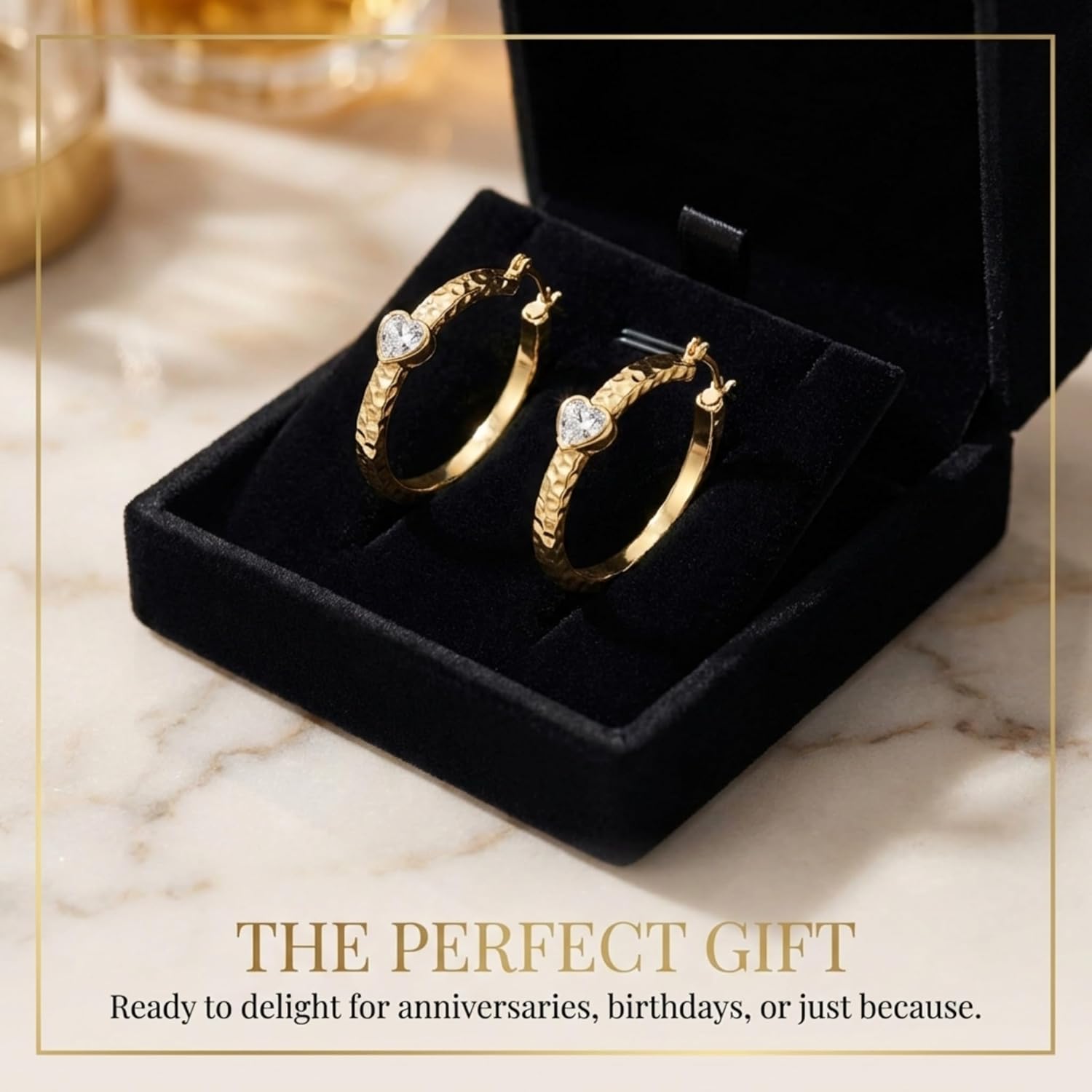 14k Gold Hoop Earrings for Women with Heart Shape Cubic Zirconia & Hand-hammered Texture, 14 kt Yellow Golds Womens Earring Hypoallergenic Lightweight, Endless Love Jewelry Gift, 2.4mmx 35mm/40mm