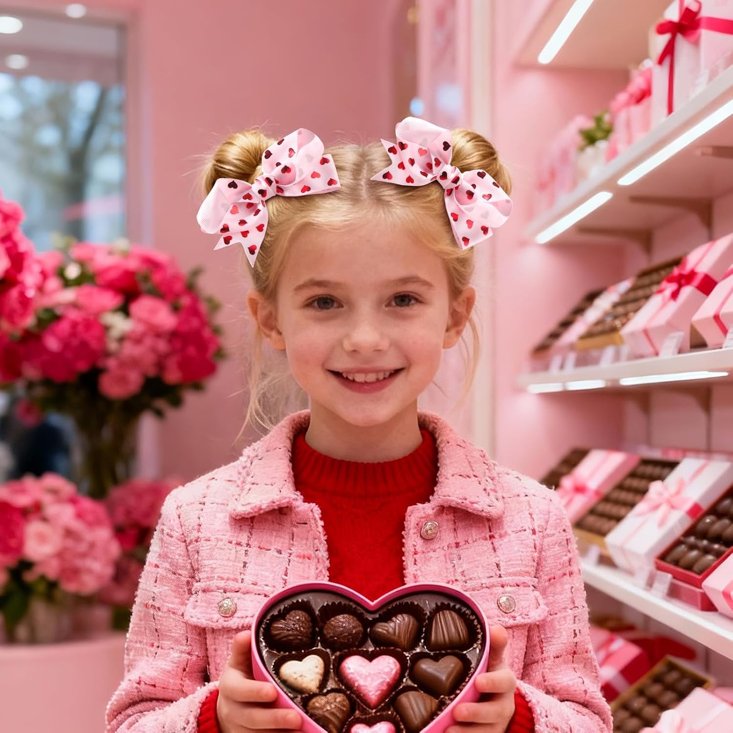 Valentines Day Hair Accessories Heart Hair Clips Valentines Bows for Girls Pink Bowknot Barrettes Heart Print Boutique Alligator for Toddlers - Image 2