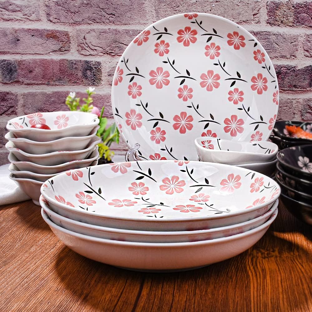 Ceramic Dinner Plates Set of 4, 8 Inch Pink Floral Print Shallow Salad Pasta Bowls, Microwave Dishwasher Safe for Kitchen Daily Use Housewarming Gift