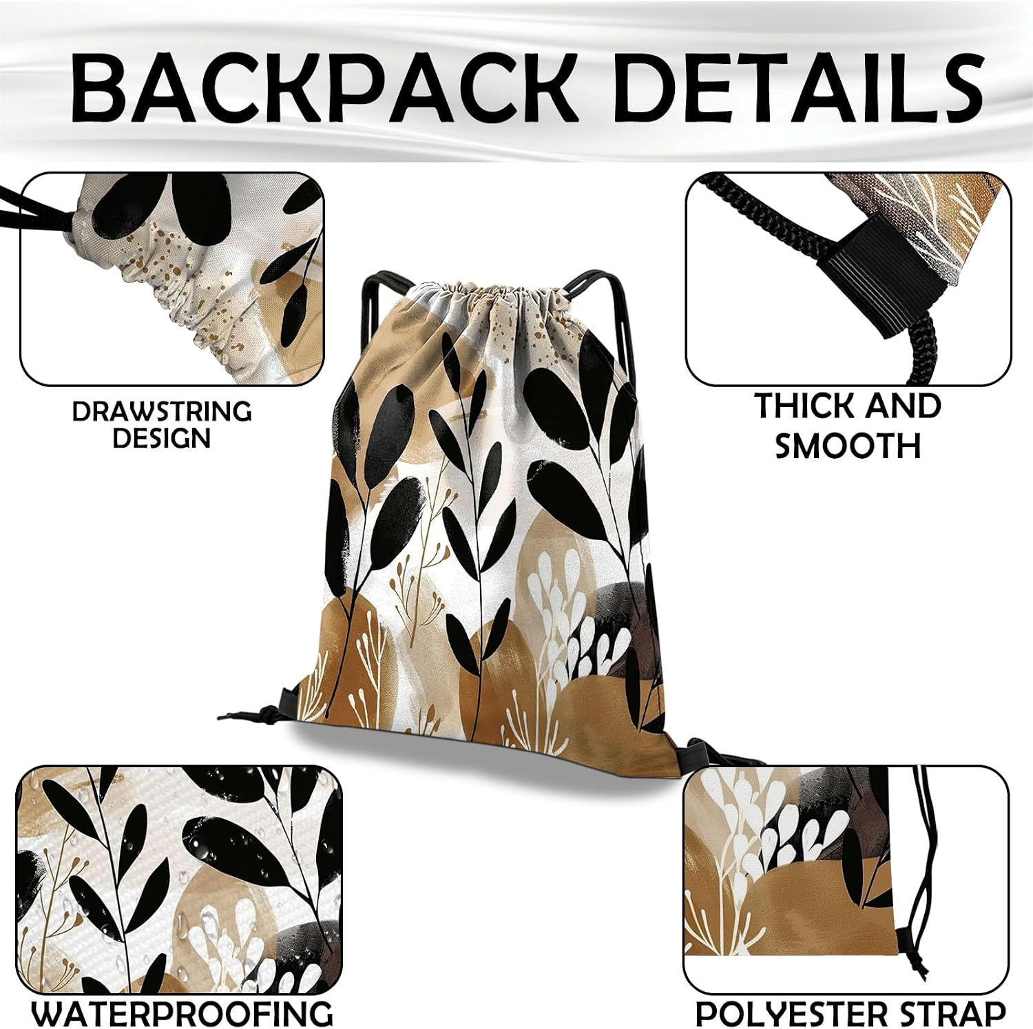 Drawstring Backpack Draw String Bag Waterproof for Sports Gym Beach Travel Cute Aesthetic Sackpack Men Women (13"×17")-Brown Leaf image 3