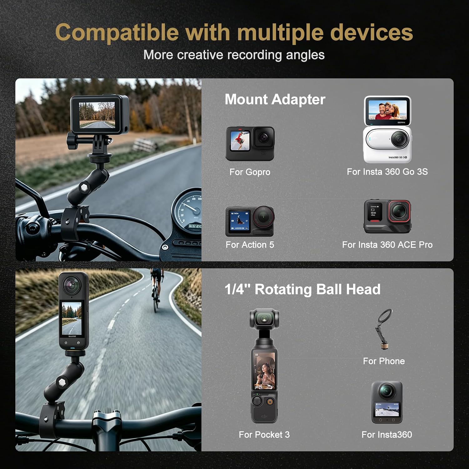 Motorcycle Mount for Insta360 X5 X4 X3 X2 X ONE RS R GO 3, 59" Invisible Selfie Stick with Adjustable Dual Clamp Bike Handlebar Mount for GoPro DJI Osmo Action/360 Camera image 2