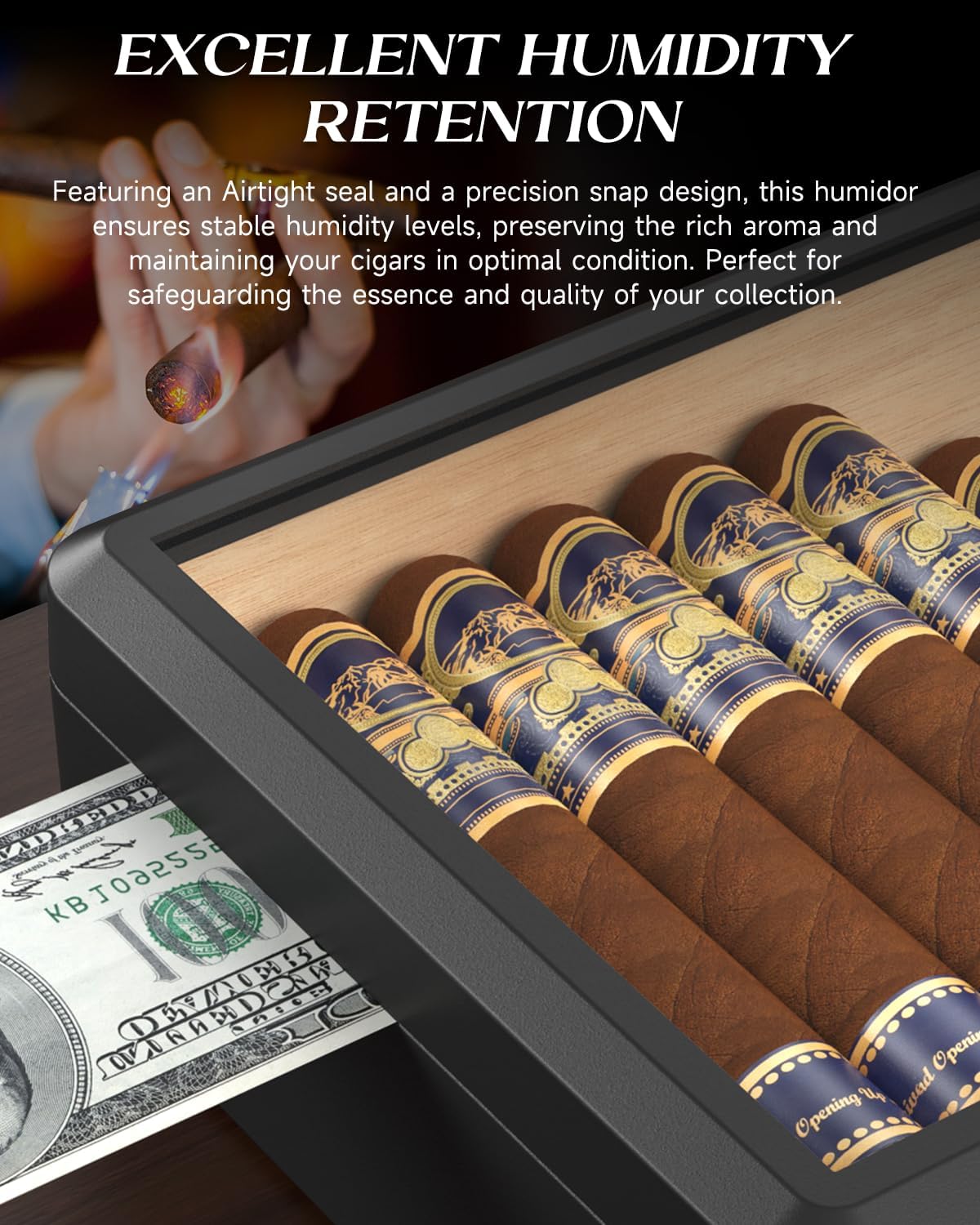 Cigar Humidor, Full Glass Top Cigar Box with Humidifier and Hygrometer, Drop-proof Crushproof Cigar Case, Cedar Wood Lining Storage Box with Divider for 20-25 Cigars (Black) - Image 5