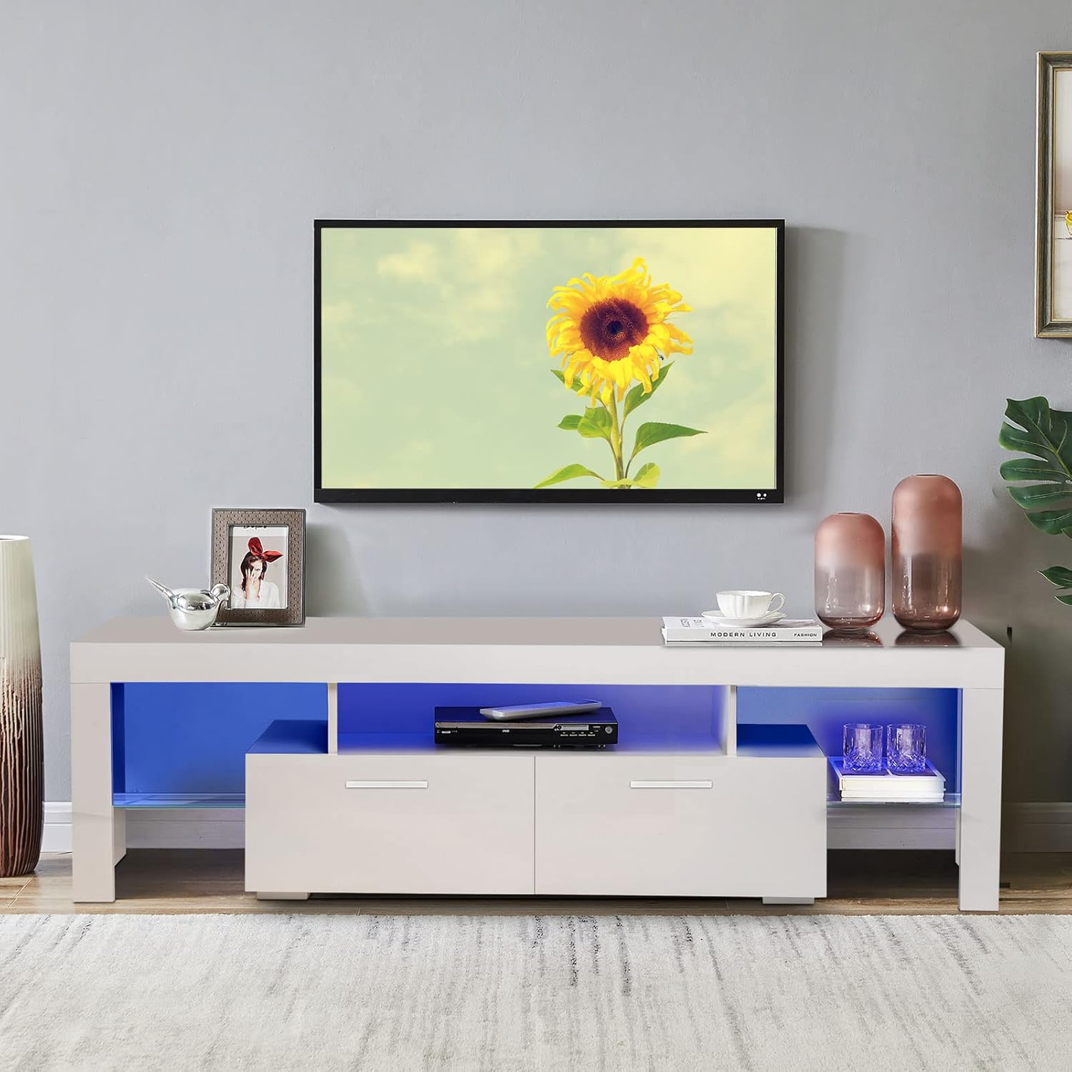 Goujxcy Morden TV Stand, Modern LED TV Stand w/20 Colors Remote Control Lights,High Gloss TV Cabinet w/Storage Open Shelf 2 Drawers, 70 Inch Entertainment Center for Living Room (White7)
