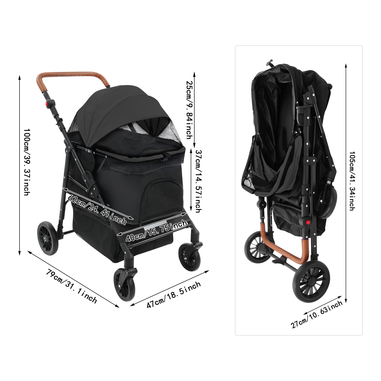 Hundewagen Faltbarer Hundebuggy, klappbar Katzenwagen bis 15kg mit 4 Rädern, Faltbarer Tierbuggy mit Netzfenster, Haustier-Kinderwagen für kleine Hunde Katz