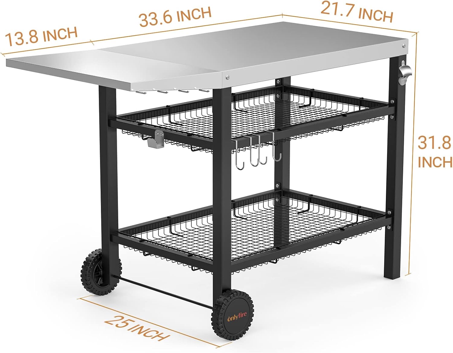 onlyfire Pizza Oven Table Cart for Ooni, Ninja Woodfire, Blackstone Griddle, Cuisinart Pizza Oven, Outdoor Stainless Steel Food Prep Table Movable Food Prep Cart Grill Stand with Storage Basket