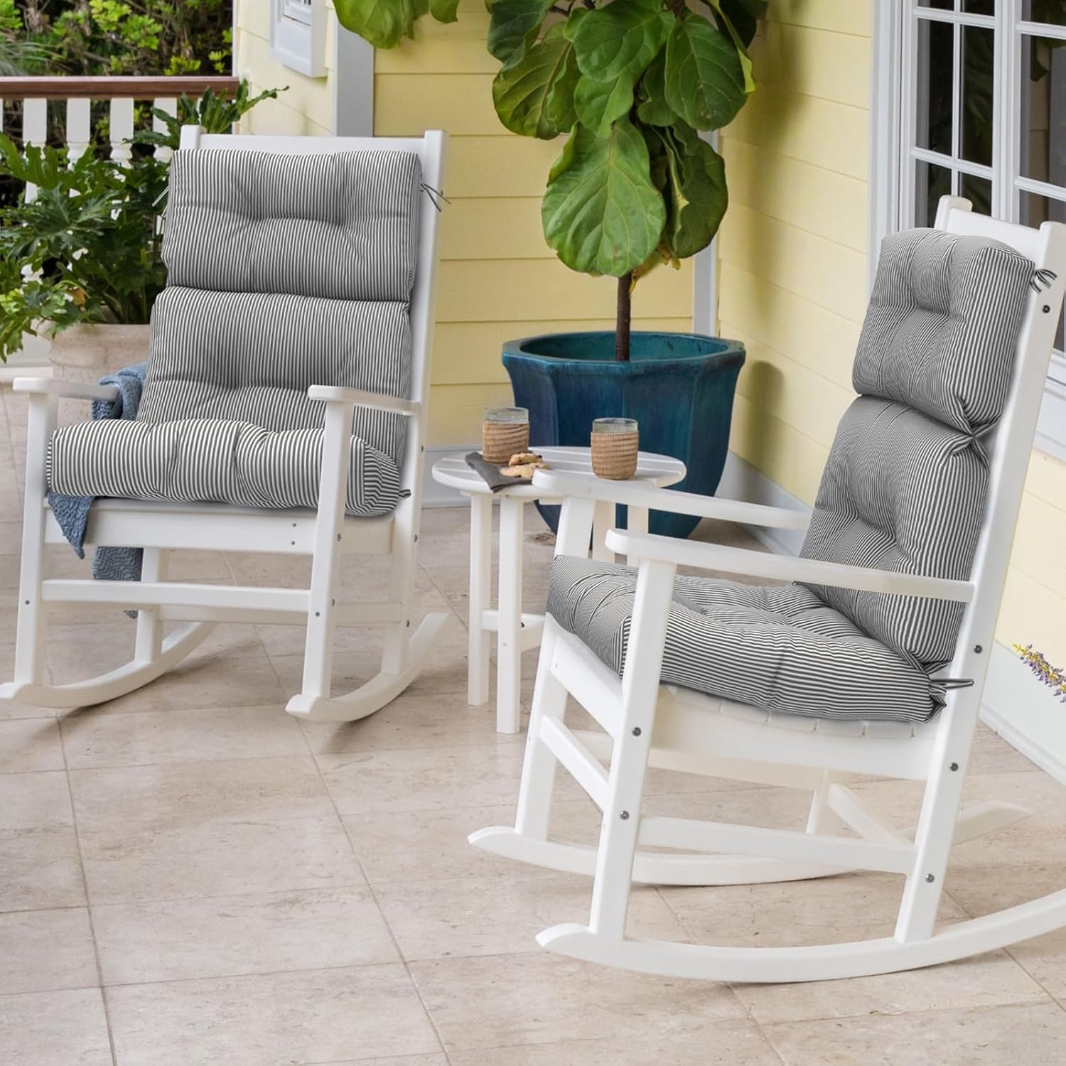 Outdoor High Back Chair Cushion, Non-Skid Slip Backed Chair Cushions, Rocking Chair Cushions for Patio Chairs, 44"x22"x4", Set of 2, Stripe Gray