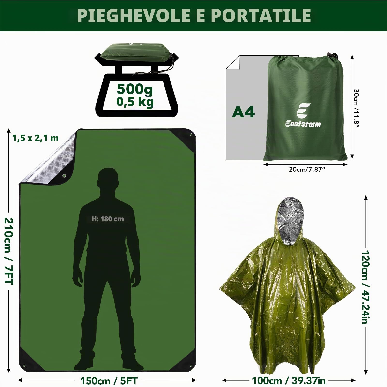 E EASTSTORM Robusta Coperta Termica Emergenza Riutilizzabile con Poncho, 150 * 210 cm Termico Telo Impermeabile, Telone di Tessuto Campeggio per Coprire, Salvataggio Protegge da Freddo, Pioggia