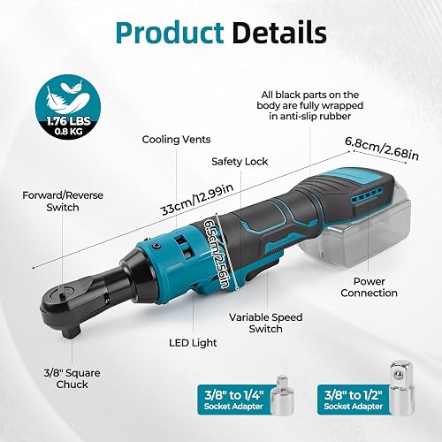 Clé à cliquet sans fil 3/8" compatible avec Makita 18 V, cliquet électrique avec adaptateur 1/4" et adaptateur 1/2", 280 tr/min, 80 Nm, cliquet à chocs électrique pour l'entretien du vélo et de la - 2