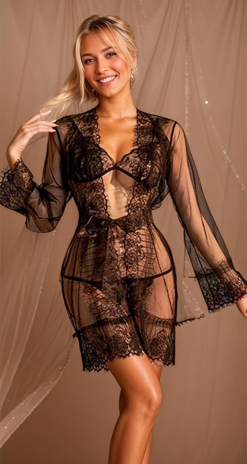 Lace Robes For Women Sexy, Sheer Lingerie Robes Mesh See Through Kimono Sleepwear Nightgown, Black, Onesize 2-8 - Image 2