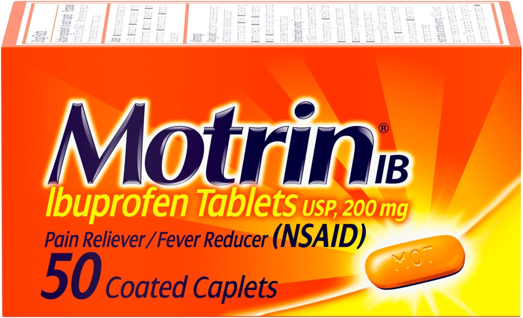 Motrin IB Ibuprofen Tablets, Pain Reliever, Temporarily Reduces Fever and Relieves Minor Pain, Muscle Aches, Headache, Backache, Nonsteroidal Anti-Inflammatory Drug, 200 Mg, 50 Count