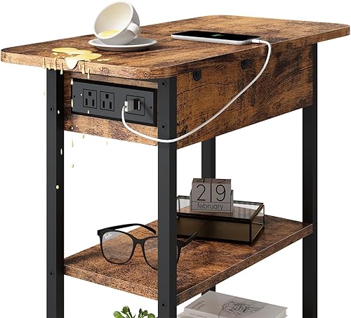 Miniatura 12 de LIDYUK Mesa auxiliar con estación de carga, juego de 2 mesas auxiliares estrechas para espacios pequeños, juego de 2 mesas de noche para dormitorio,