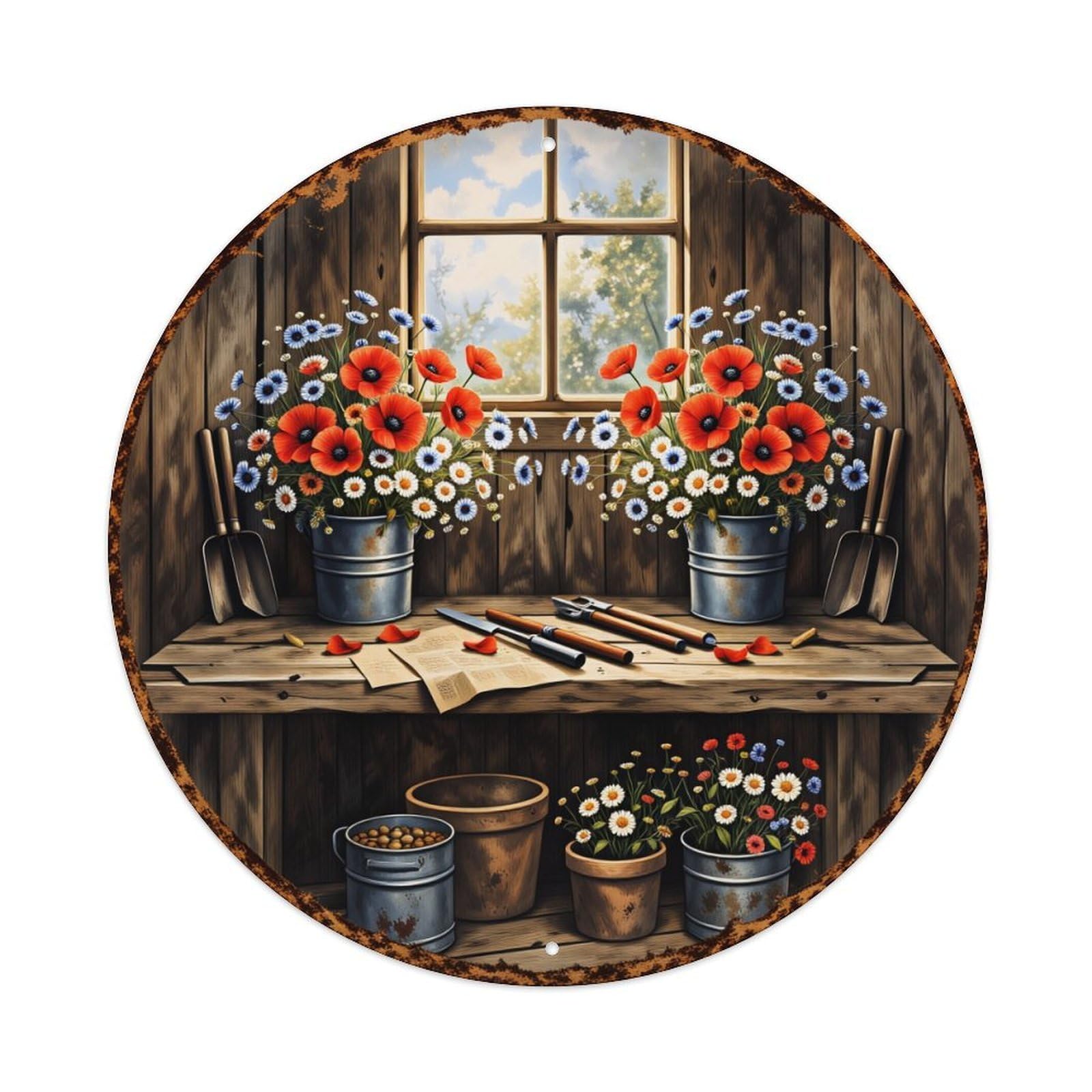 Flower Pots Garden Tools Window Round Tin Sign Vintage Style Metal Sign Home Bar Garden Wall Plaque Decor Metal Poster 8x8 Inch