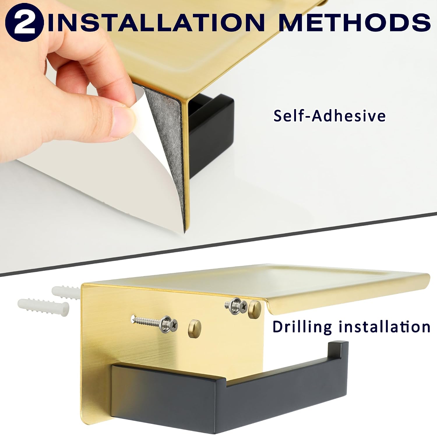 Alise Toilet Paper Holder with Shelf,SUS304 Stainless Steel Toilet Paper Roll Holder Bathroom Tissue Holder Storage Dispenser,Self Adhesive or Wall Mount Drilling,Gold and Black Finish