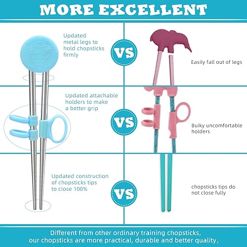 Miniatura 5 de Patelai 2 pares de palillos de entrenamiento para niños, palillos de acero inoxidable reutilizables de metal para ayudar al aprendizaje de los niños