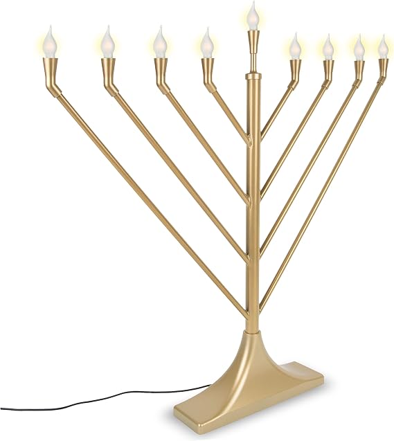 عرض كبير من رامبام منورة كهربائية مع 10 لمبات على شكل شعلة LED E10 - شكل V بزاوية تقليدية USB مدعوم إلكترونيًا من هانوكا مينورا - زينة تشانوكا مضاءة بواسطة Zion Judaica ( Satin Gold )