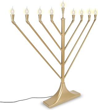 عرض كبير من رامبام منورة كهربائية مع 10 لمبات على شكل شعلة LED E10 - شكل V بزاوية تقليدية USB مدعوم إلكترونيًا من هانوكا مينورا - زينة تشانوكا مضاءة بواسطة Zion Judaica ( Satin Gold )